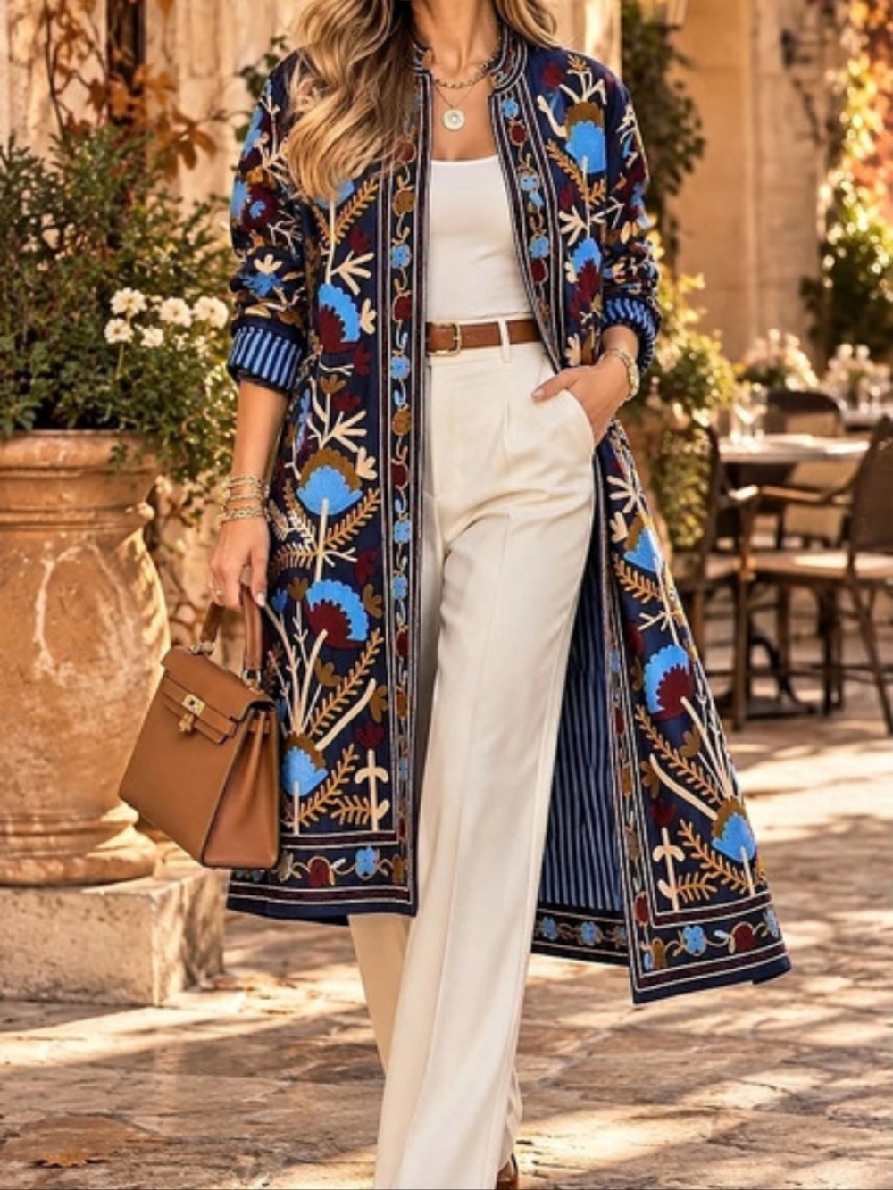 Suzanni 1 Imported From Italy 100% Cotton Women's Floral Blue Duster Coat